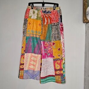 Bohemian Patchwork Kantha Stitch Wide Leg Lounge Pants‎ L XL Hippie Artsy Comfy
